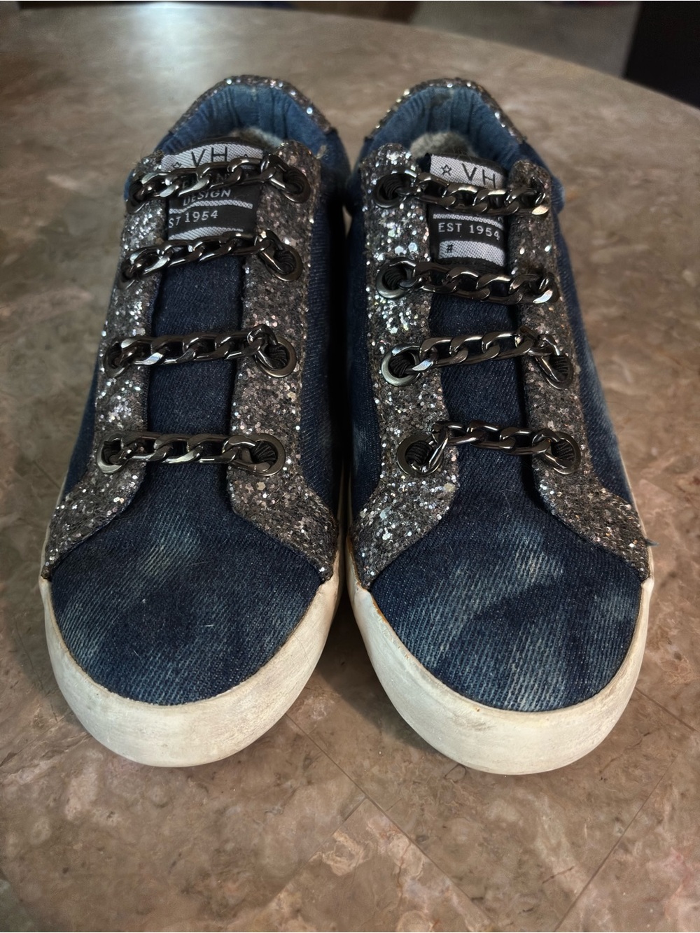 Vintage Havana Blue Denim Sneakers with Silver Glitter Trim